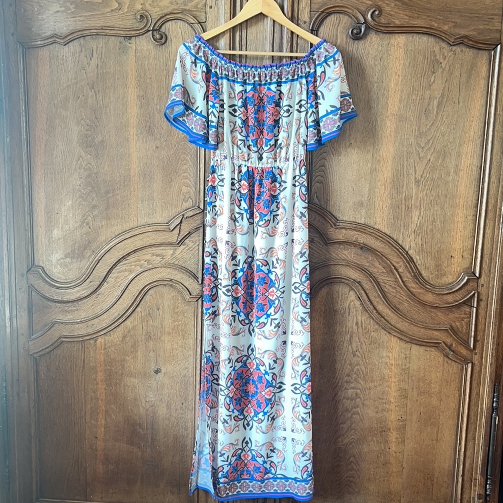 Flying Tomato bohemian short sleeve off the shoulder ruffle maxi dress - Picture 2 of 16